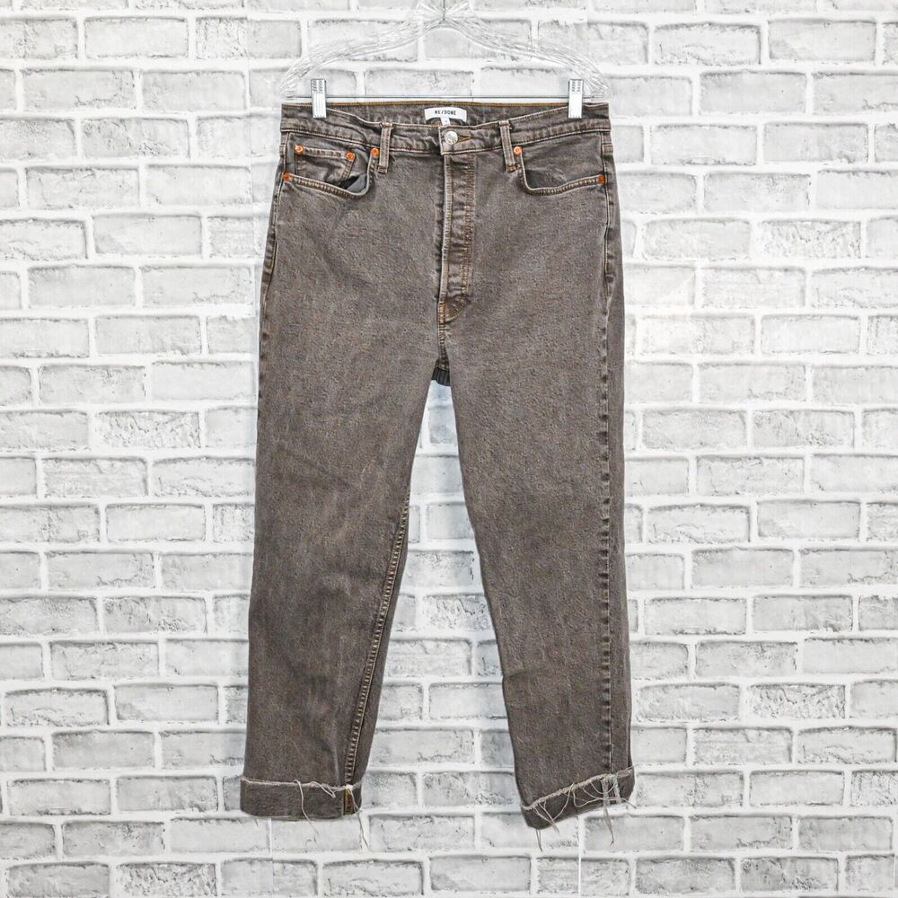 RE/DONE Women's 70s Ultra High Rise Stove Pipe Jeans Grey wash raw hem sz 31